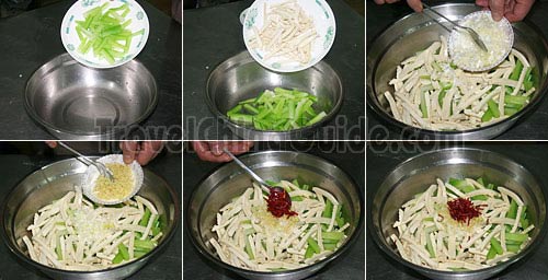 将西芹、豆腐干、姜、葱、辣椒丝混合